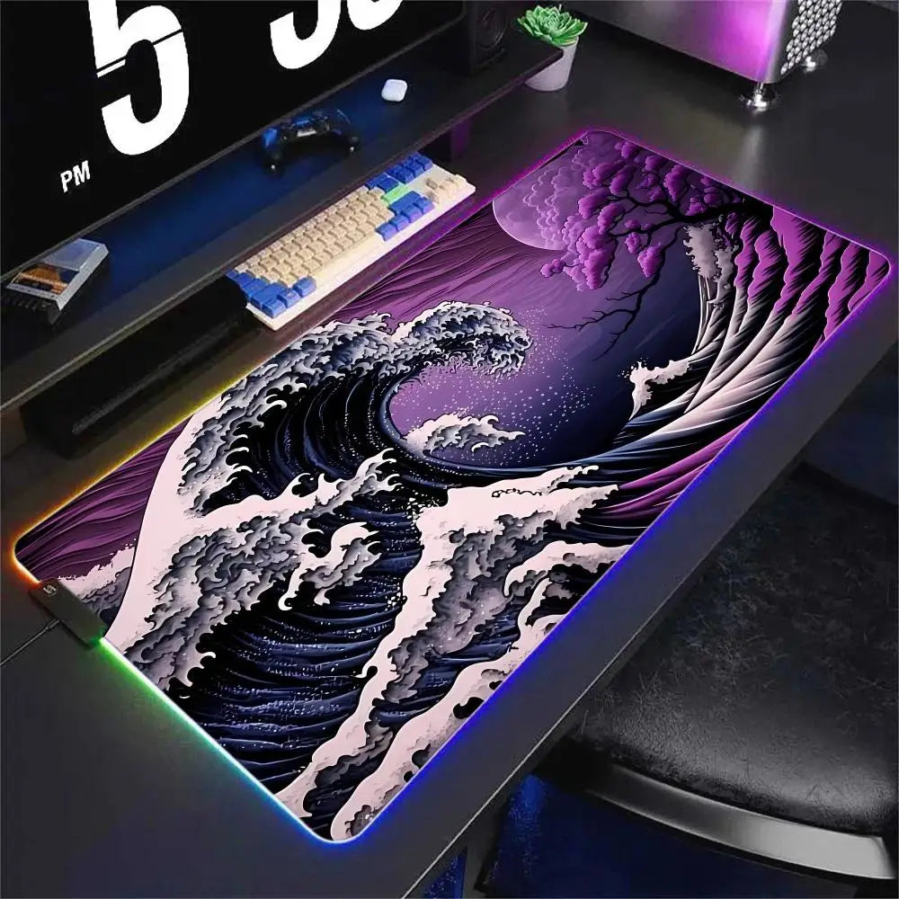 Japan Style Wave Mouse Pad RGB Lighted Mousepad Mechanical Keyboard Pads Office Computer Accessories LED Non-slip Game Table Mat - WinSupport Tech