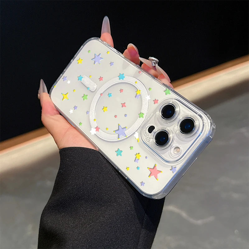 Colored stars,transparent magnet Case For  IPhone 17 promax 17 air 16 15 14 13 12 11 Pro Max 16 15 Plus X XS.Soft TPU,shockproof