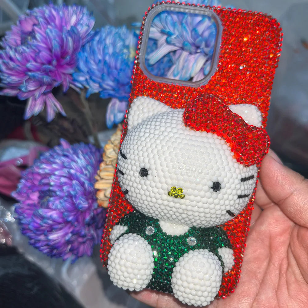 Christmas Hello Kitty Rhinestone Crystal Phone Case Chain For iPhone17 16 15 14 13 12 11Pro Max X Xs XR 7 8 Plus Transparent