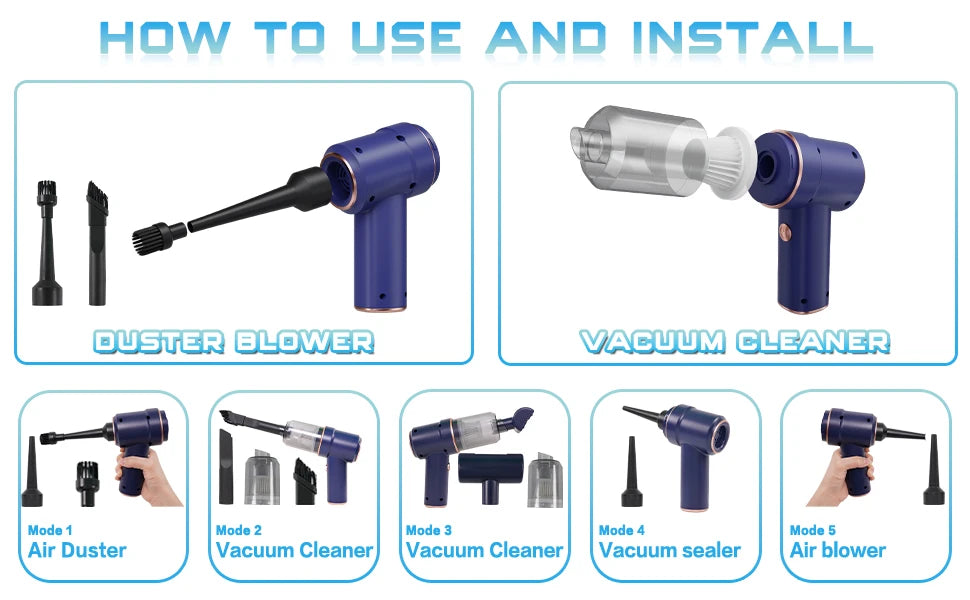 4000mAh Portable Compressed Air Duster Multi Air Blower & Vacuum Cleaner Cordless Duster Blower for Keyboard Computer Cleaning