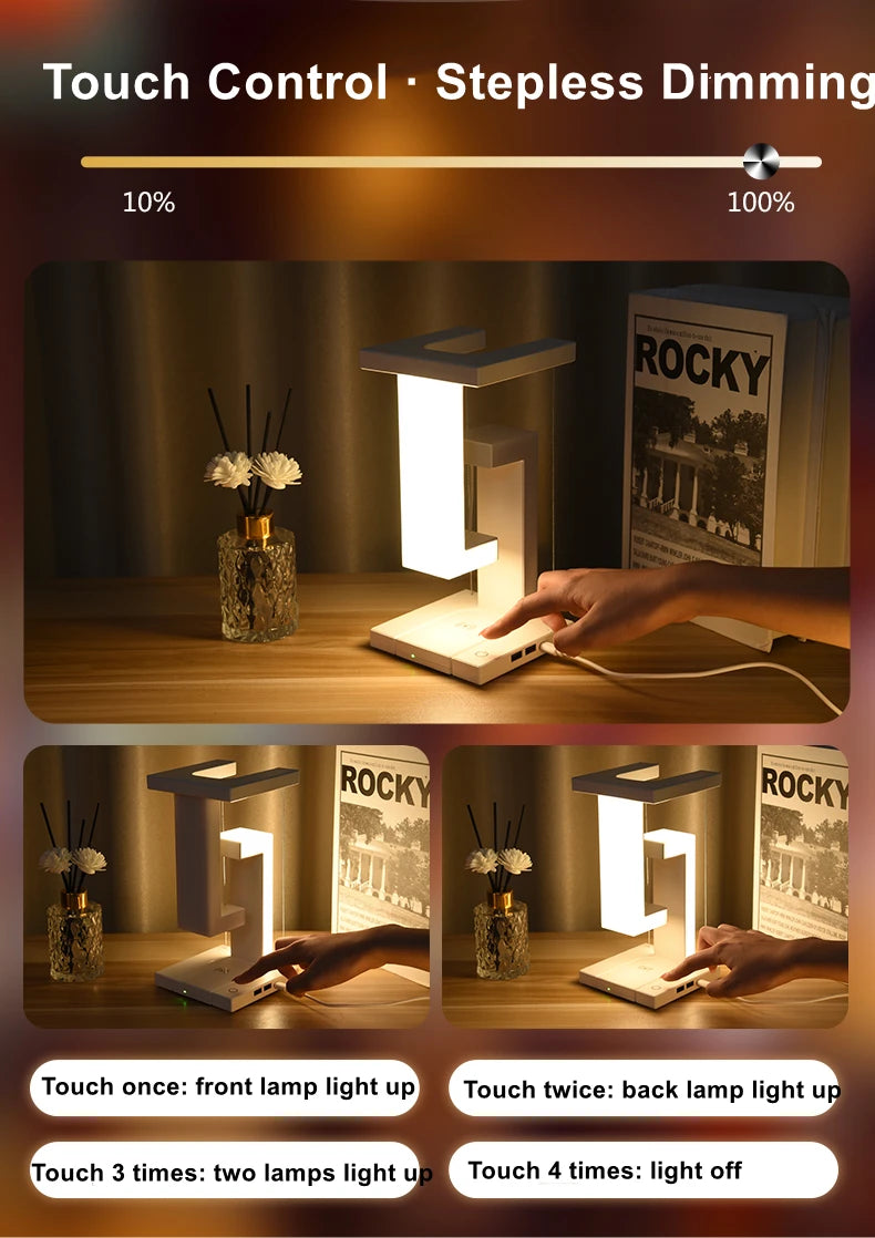 Floating Desk Lamp With Wireless Charger, USB Output Charging Port, Charging Dock Station For iPhone, Bedside Lamp Table Lamp