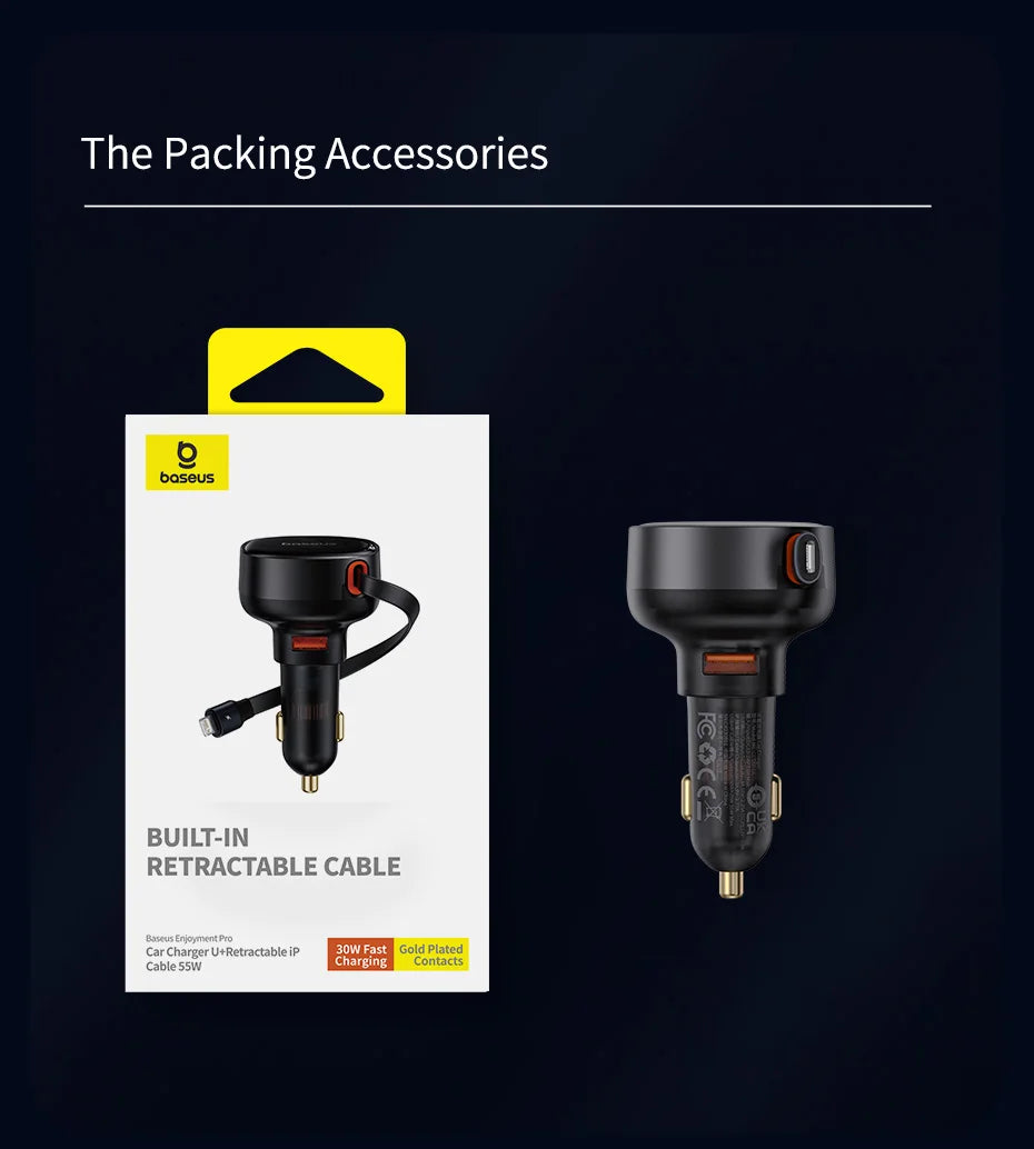Baseus 60W Car Charger 2 in 1 Retractable Cable SCP 25W QC PD 30W Fast Car Phone Charger For iPad iPhone 16 15 14 13 Pro Samsung