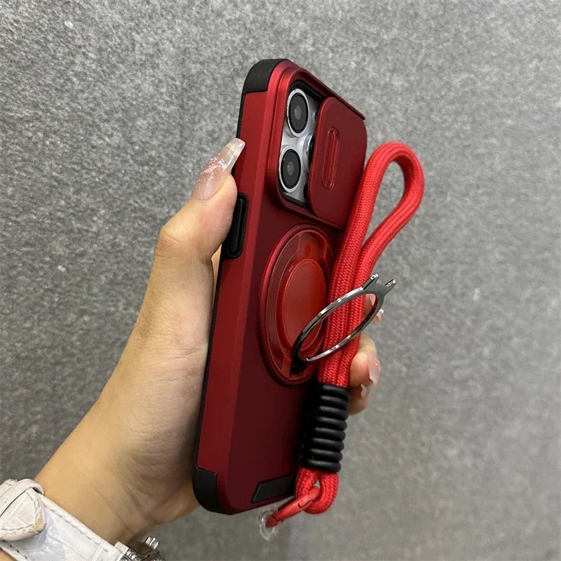 Armor Magnetic Bracket Case for iPhone 16e 16 14 13 12 11 15 Pro Max Plus With Lanyard Slide Camera Protection Shockproof Cover