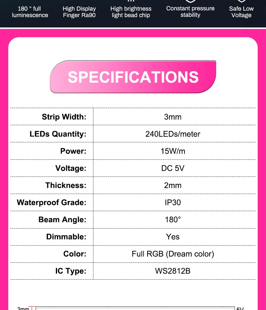 5V New 3mm Super Thin Addressable COB LED Strip RGBIC Individual Pixel Control 240LEDs WS2812B Dream Color USB Powered LED Tape