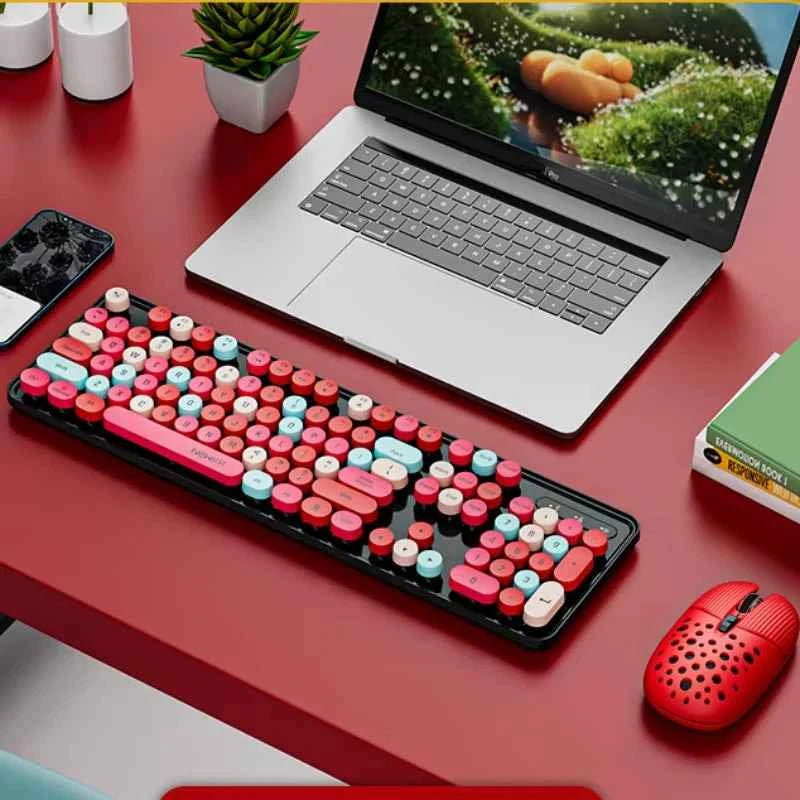 104 Keys 2.4G Wireless Gaming Keyboard and Mouse Combo,Cute Retro Round Keycap Ergonomic Keyboard,With Multimedia function keys