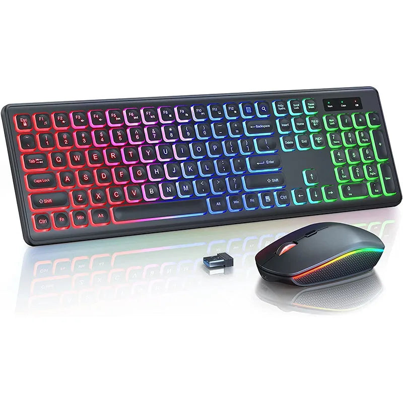 Jomaa 2.4G USB Wireless Keyboard and Mouse Combo Backlit Rechargeable Wireless Keyboard Set USB Cordless Combo for Computer M.c