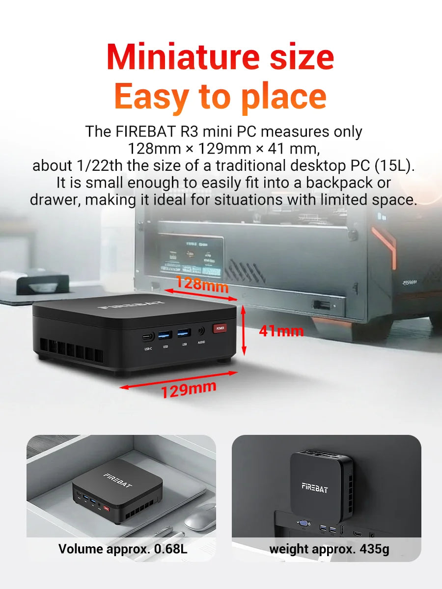 Firebat R3 Mini Pc Amd Ryzen7 7730U Ryzen5 7430U Ryzen3 4300U Lpddr4 16Gb Ram M.2 Sata 512Gb Ssd Wifi6 Bt5.2 1000m Lan Windows11 Portable Desktop Computer