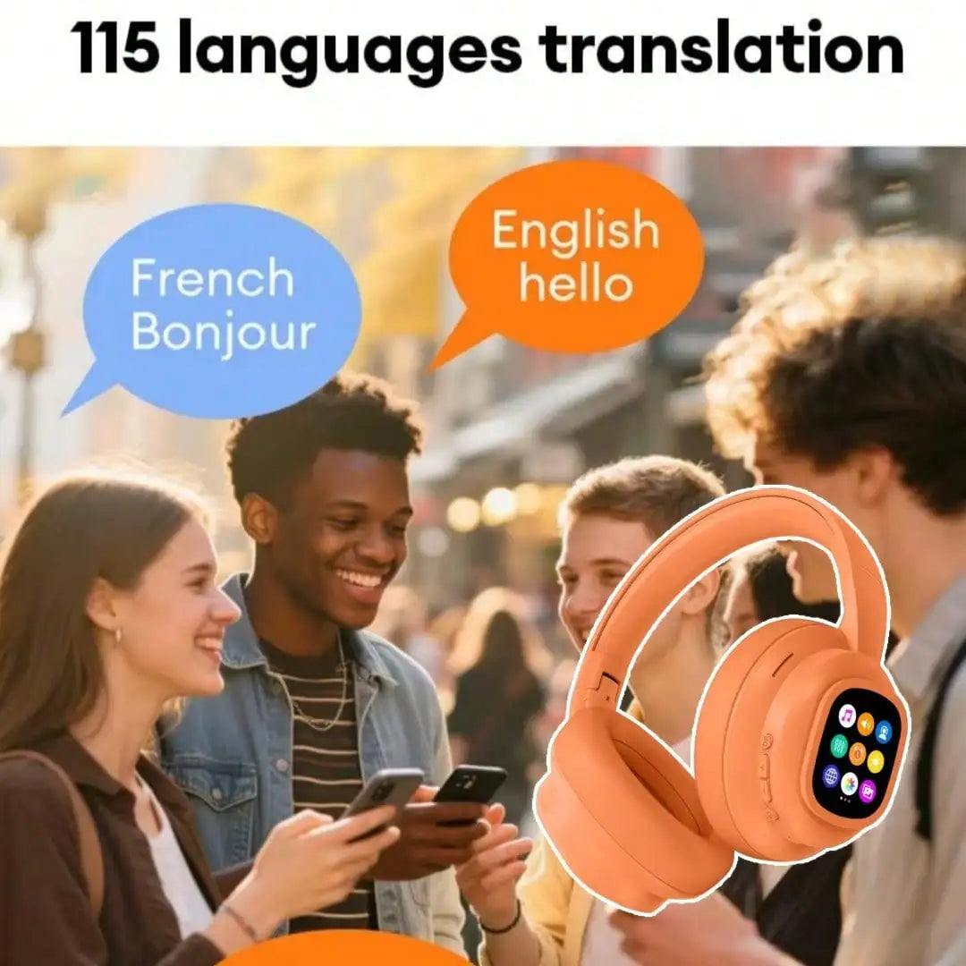 AI Translation Wireless Headphones, Magnetic LCD Touch Screen, Foldable Retractable Design, Real-time 115 Languages Translation, BT6.0, Multi-functions for Photo, Flashlight, Alarm & Voice Recording, AUX Wired Supported