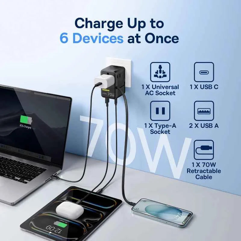 Baseus GaN Charger Universal Travel Adapter Built in 70W Retractable Cable 2AC 2 USB-A Type-C Fast Charging EU/UK/USA/AUS