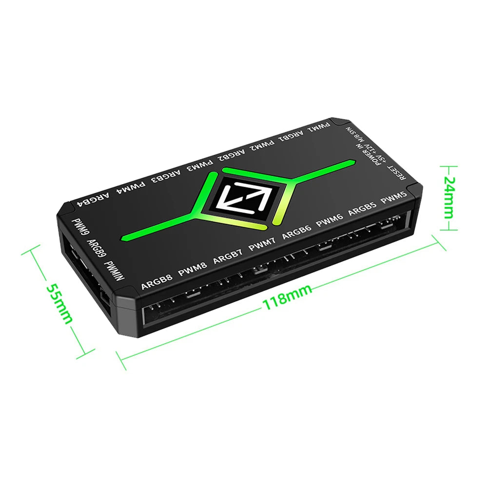 1 To 9 3 in 1 5V 3 Pin ARGB Controller Cooling Fan Hub PWM Fan Hub PWM ARGB Fan Hub for 5V Addressable ARGB Computer PC Case Fan