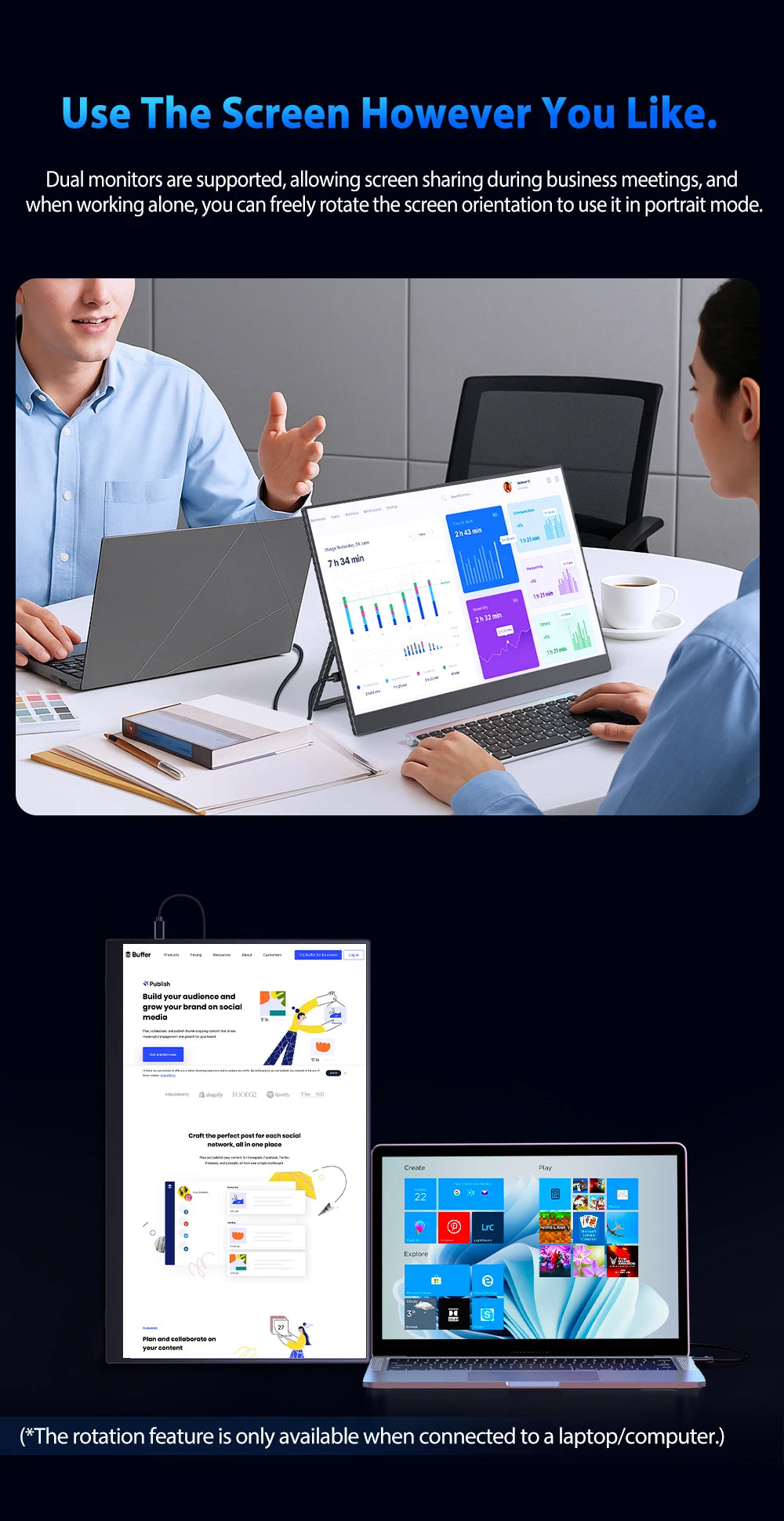UPERFECT QLED Portable Monitor 16'' 2.5K 2560×1600 16:10 400Nits 100% DCI-P3 HDMI USB-C Travel Gaming Display For Laptop MacBook