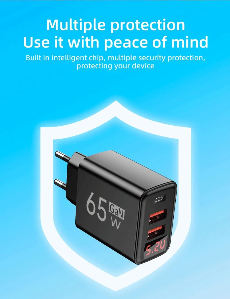 Type C USB 65W Fast Charger Mobile Phone Digital Display USB C Quick Charge 3.0 Wall Adapter For iPhone 14 Pro Oneplus Xiaomi 14