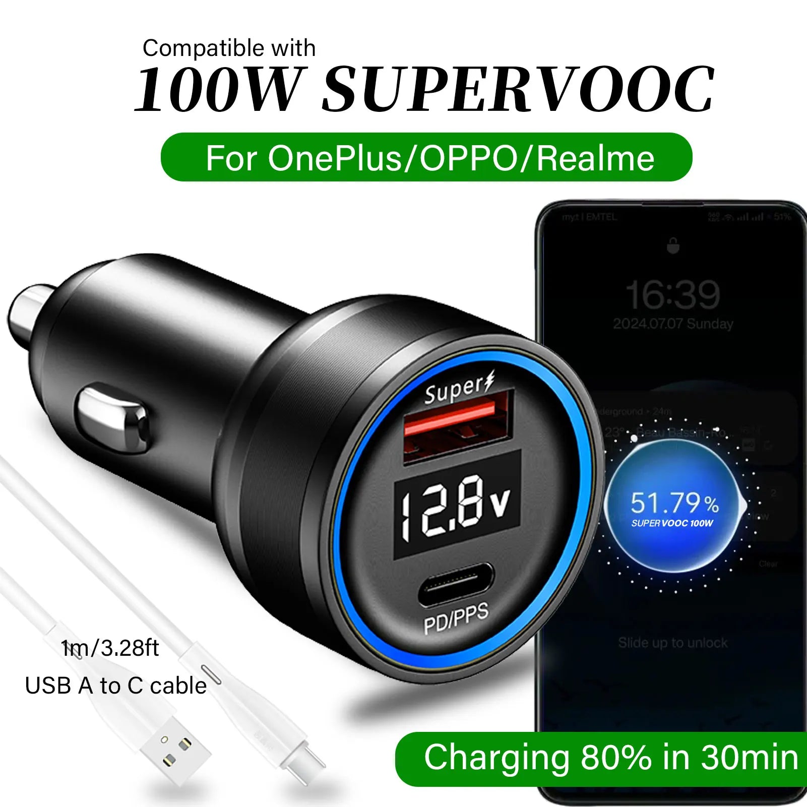 For Oneplus car charger 80W,SuperVooc car charger for OPPO,for realme car adapter superdart,for oneplus 12 10T auto charger warp