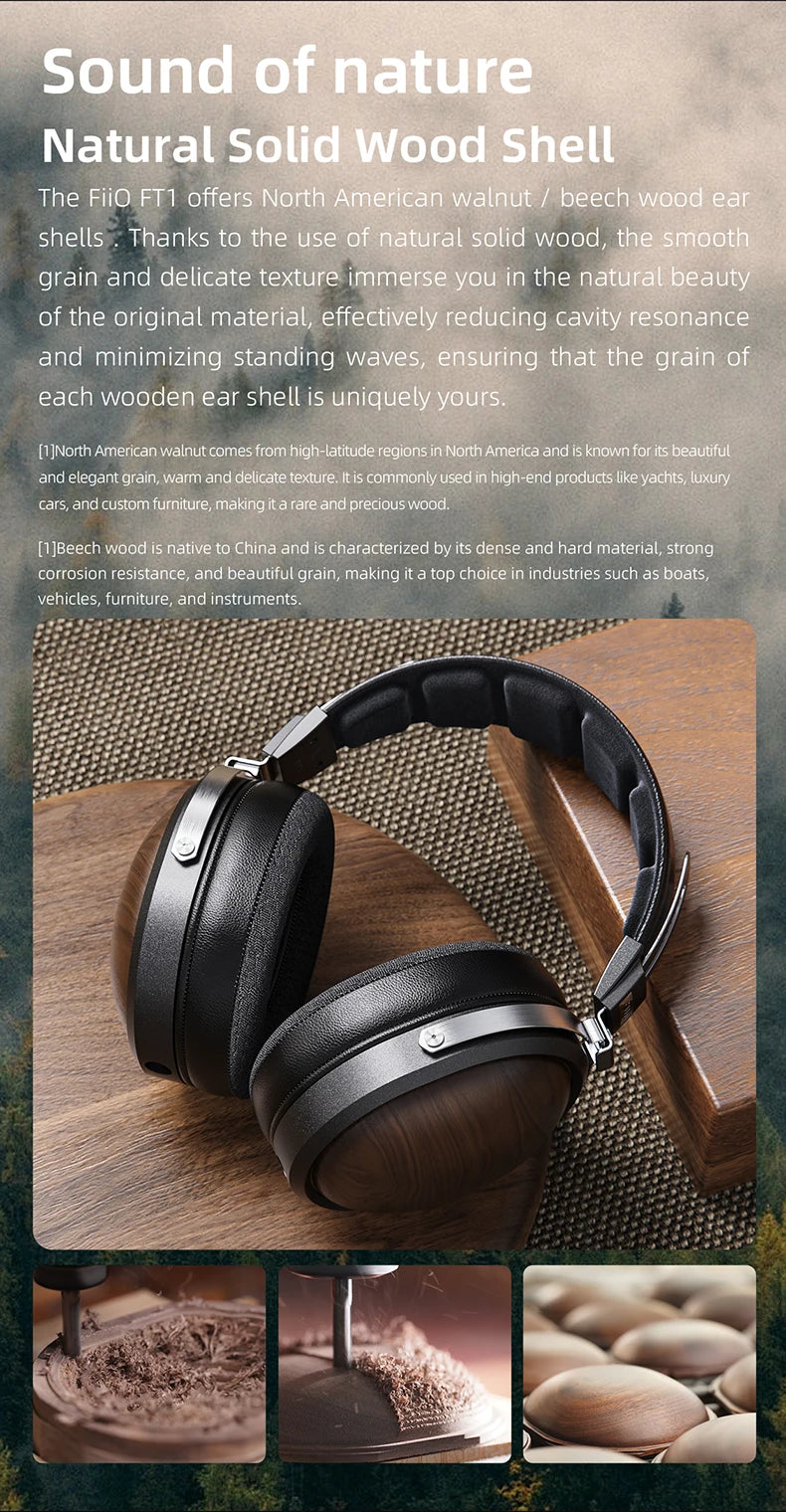 FiiO FT1-New version Closed-Back Over-Ear  Fiber Composite Diaphragm Wired Hi-Fi Headphones, American walnut Ear Cups for Studio