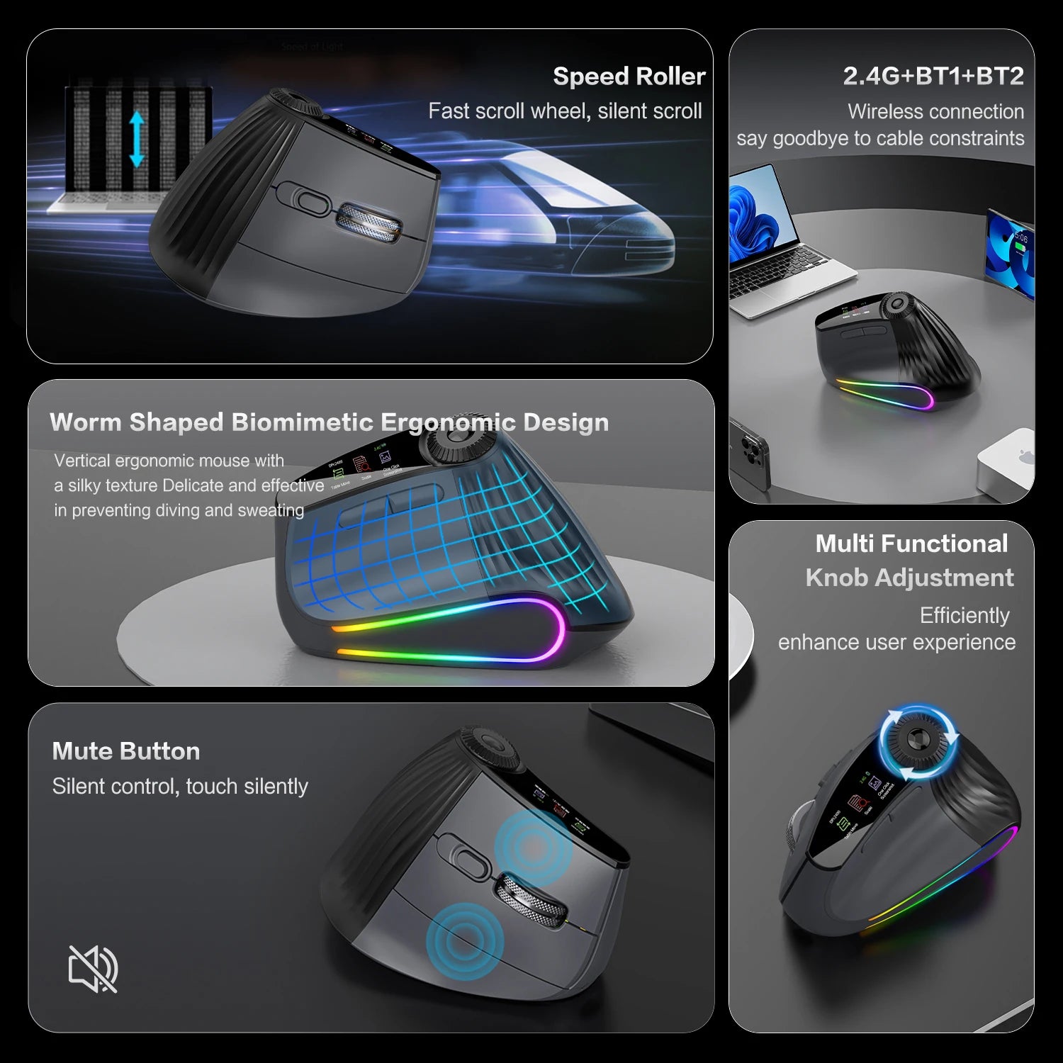 JOMAA Backlit Bluetooth Wireless Vertical Mouse With OLED Screen Rechargeable USB Wired Gaming Mouse 24000DPI Speed Roller
