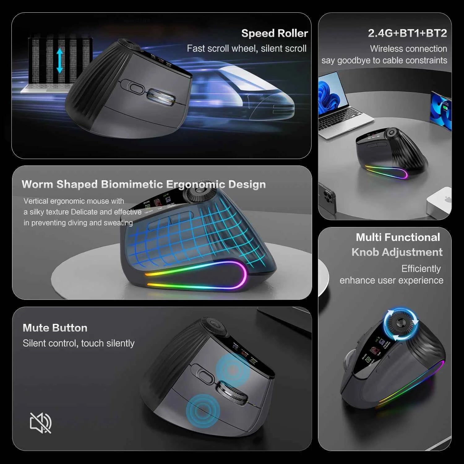 JOMAA Backlit Bluetooth Wireless Vertical Mouse With OLED Screen Rechargeable USB Wired Gaming Mouse 24000DPI Speed Roller
