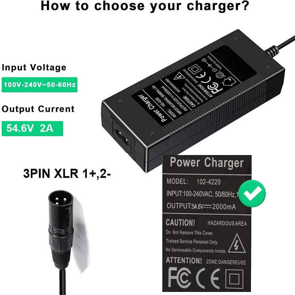 48V 2 Amp Charger Output 54.6V 2A  Charger 48V 3-pin XLR Male Plug for 48volt Charger 13S Lithium Battery Pack