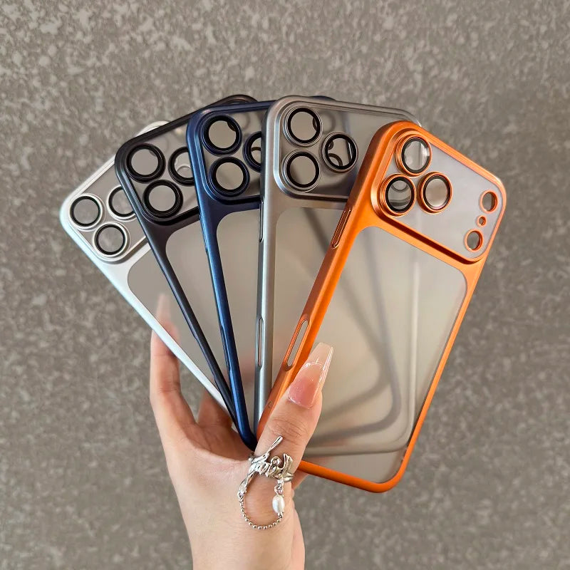 Luxury Transparent Matte Phone Case For iPhone 17Pro Air 17 16 15 14 13 12 11 Pro Max Lens Protection Metallic Color Frame Cover