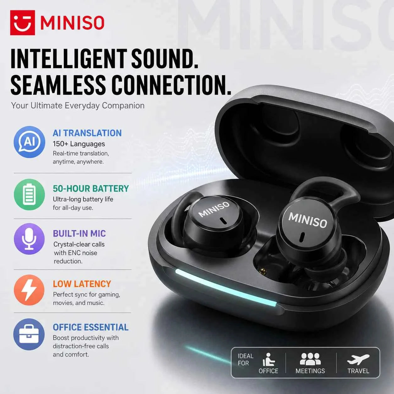 Noise Reduction Wireless Bluetooth Earphones MINISO MS217  Earbuds 50Hrs Playback Comfortable AI Translation for 150+ Languages