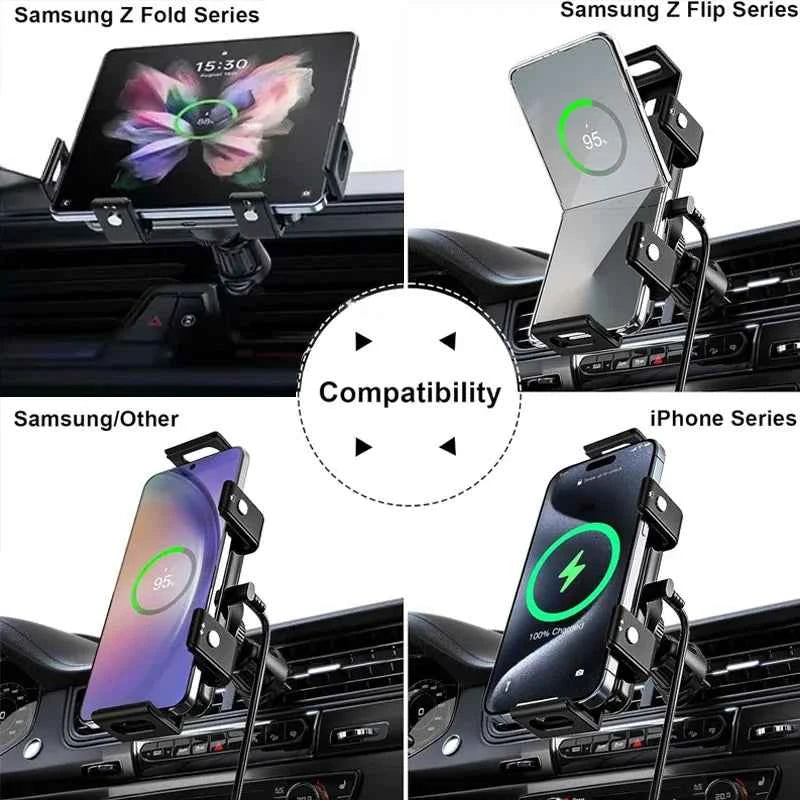 Dual Coil Fold Screen Car Wireless Charger For Samsung Galaxy Z Fold 7 6 5 4 S24 Flip iPhone 17 Pro Max Phone Holder Stand Mount