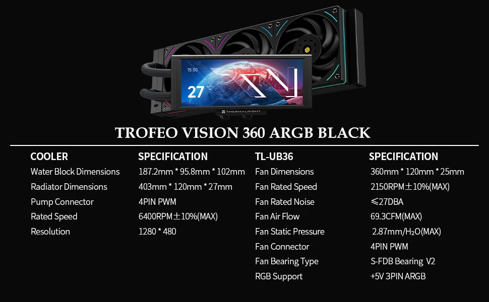 Thermalright TROFEO VISION 360 ARGB BLACK AIO CPU LIQUID COOLER 6.86-inch Full-color LCD Display High-performance Linked-ring
