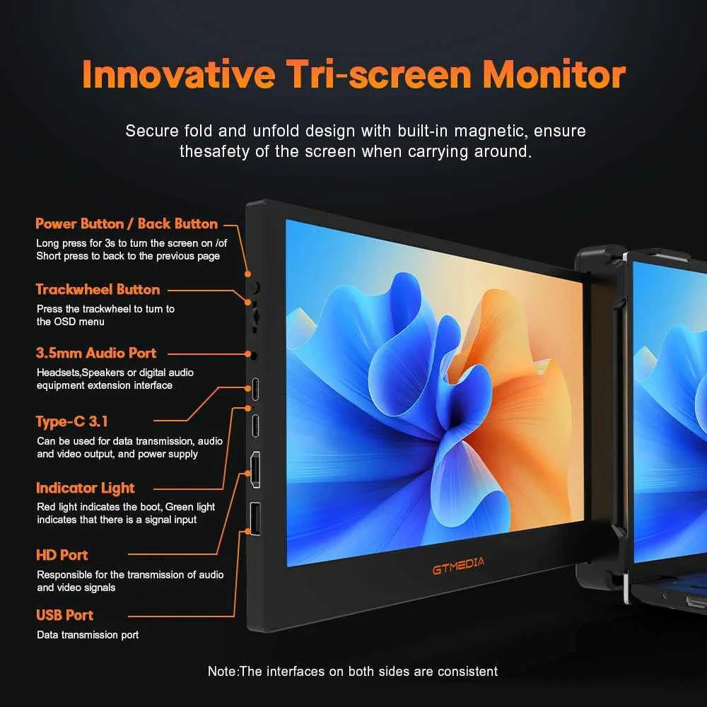 GTMEDIA MATE X 11.6 Inch Portable Monitor 1920*1080 IPS HD Triple Dual Extender Screen Full View Fold For 13.0-17.3 Inch Laptops