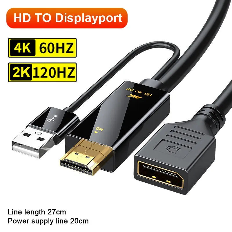 4K@60Hz HDMI-compatible Male to DisplayPort Female Adapter with USB Power, Unidirectional Converter for Gaming Monitor PC PS5