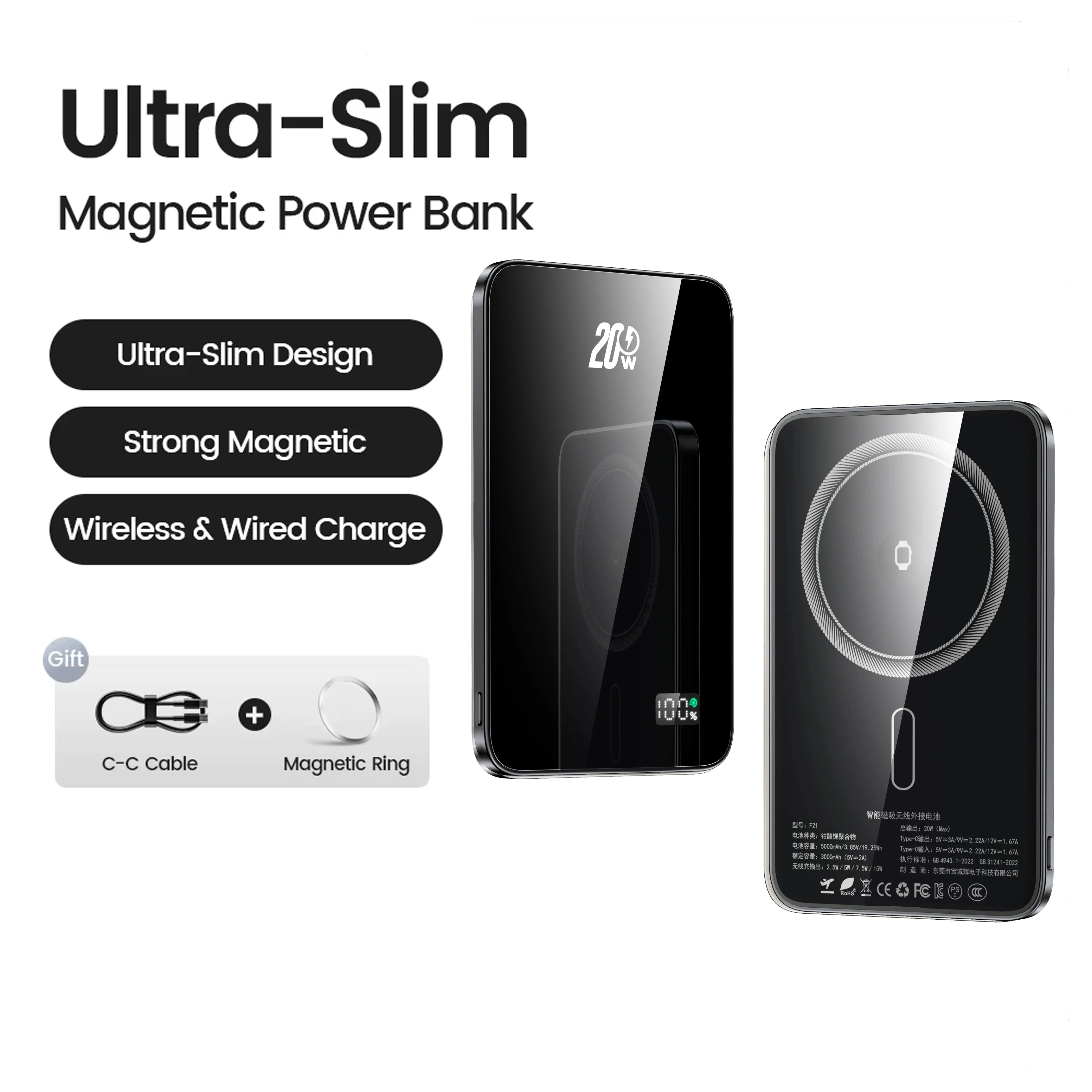 10000mAh Magnetic Power Bank 20W Wireless Powerbank Slim Portable Battery Charger for MagSafe iPhone 16 15 14 13 iWatch Samsung