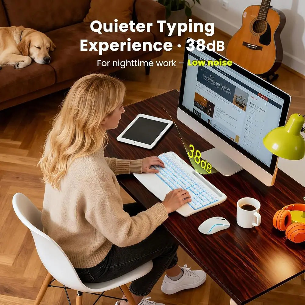 Wireless Ergonomic Backlit Keyboard and Mouse Set, 4000mAh Rechargeable, USB, Wrist Rest & Pen Holder, Quiet Typing, Windows Com