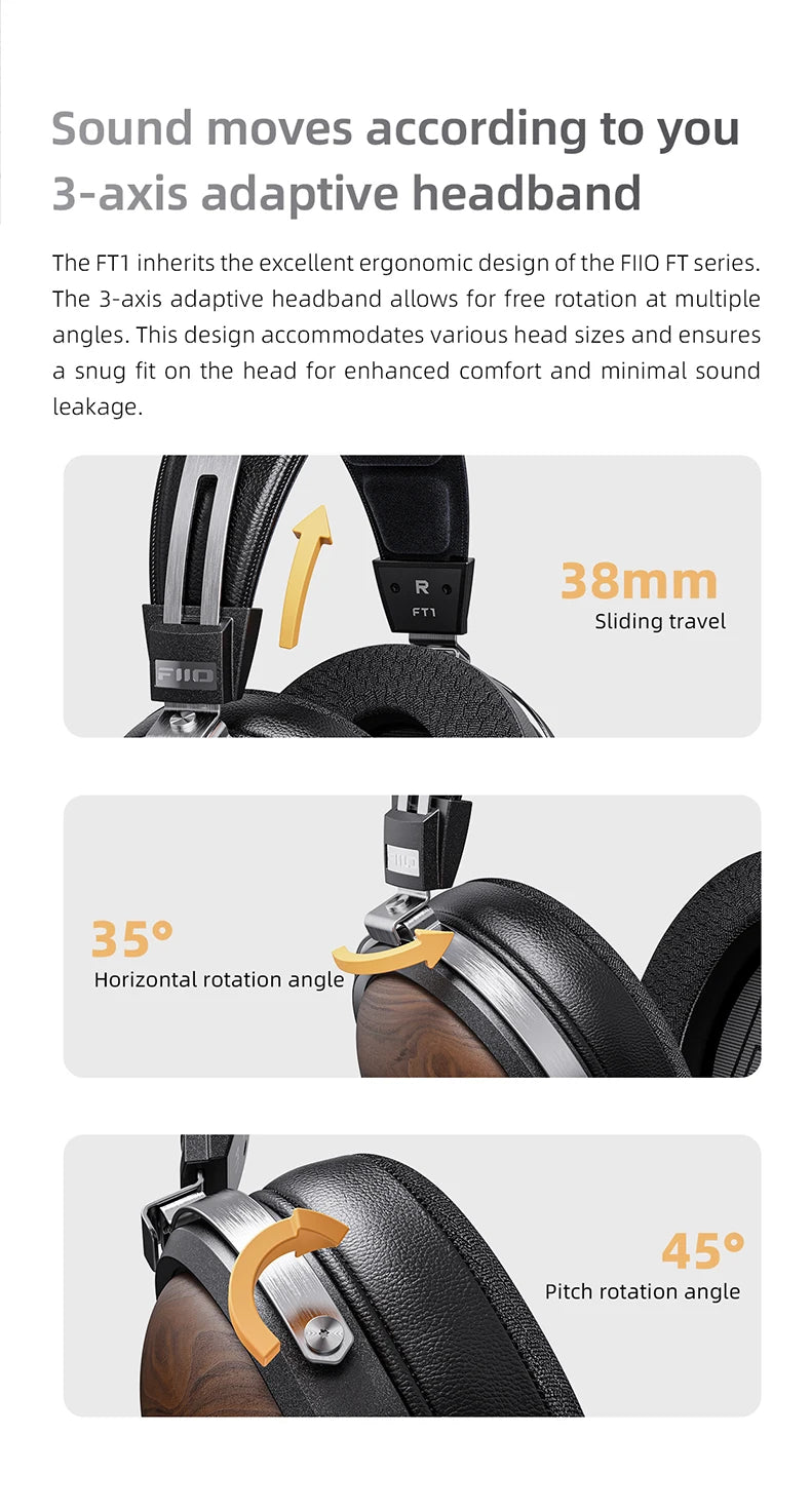 FiiO FT1-New version Closed-Back Over-Ear  Fiber Composite Diaphragm Wired Hi-Fi Headphones, American walnut Ear Cups for Studio