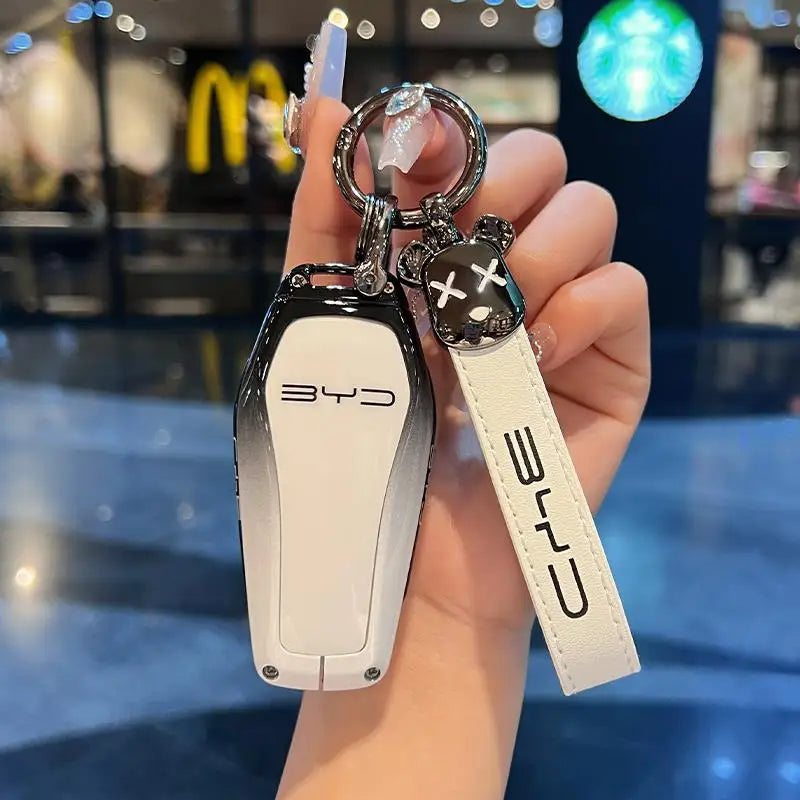 Zinc Alloy New Leather Car Key Case Cover Shell Fob For BYD Song Plus Atto 3 Han EV DM Qin Seal Dolphin Protective Auto Keychain