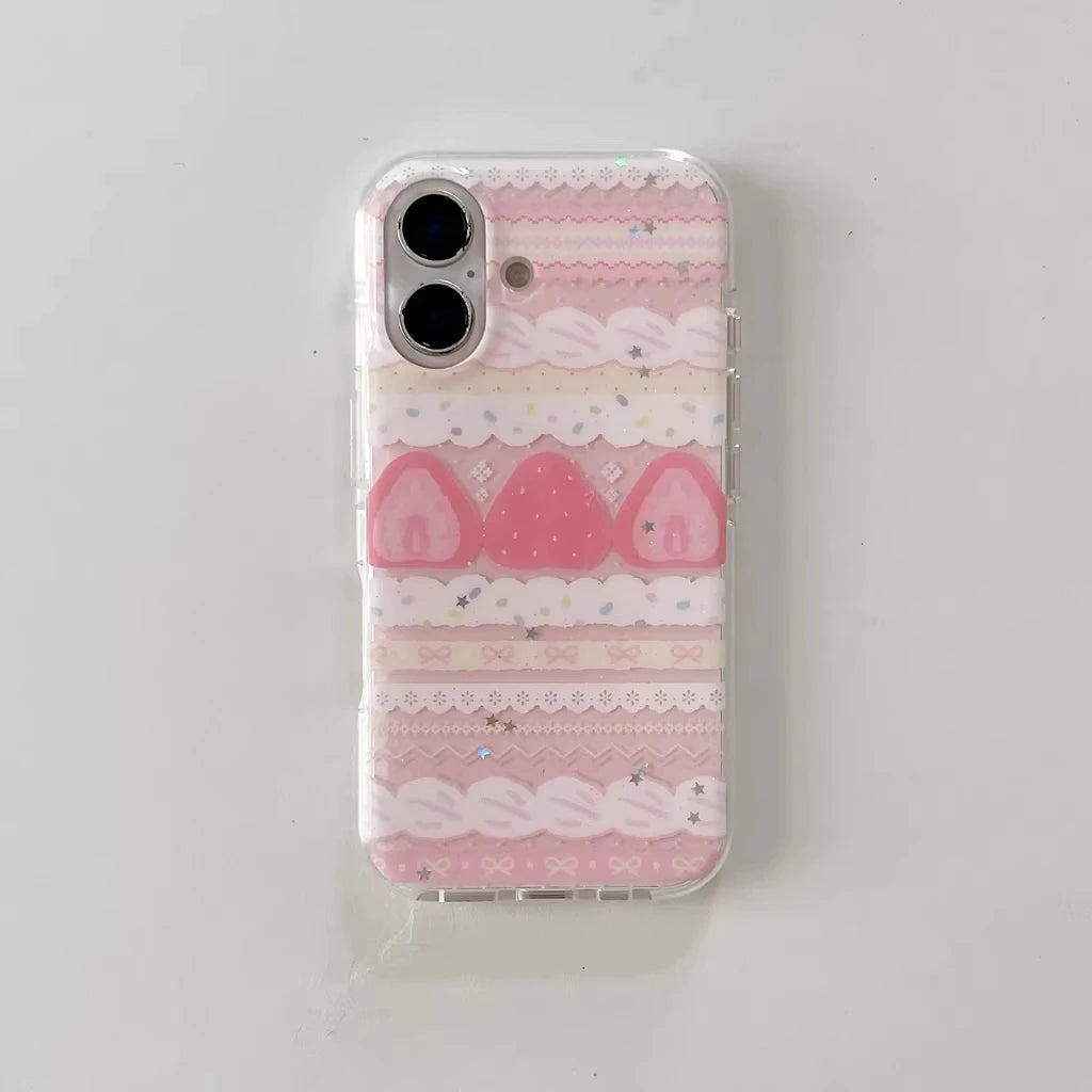 Cream Strawberry Cake Lace Bowknot Phone Case For iPhone 17 Air 16 ProMax 15 14 Plus 13 12 11 Pro Shockproof Silicone Back Cover