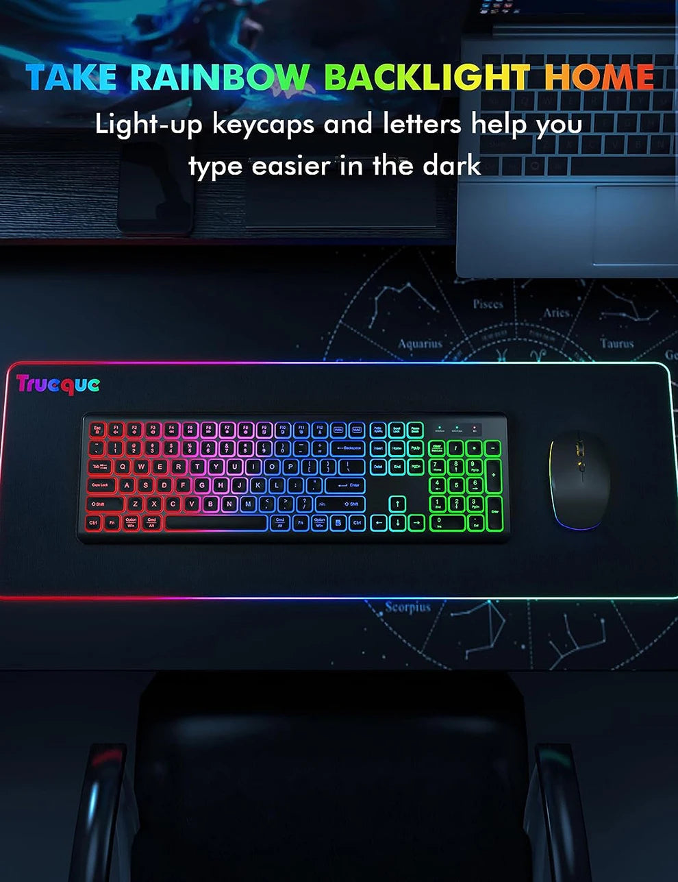 JOMAA 2.4G Wireless Keyboard Mouse Combo RGB Backlit Rechargeable Full-Size Ergonomic Type-c Wireless Keyboard Mouse Set