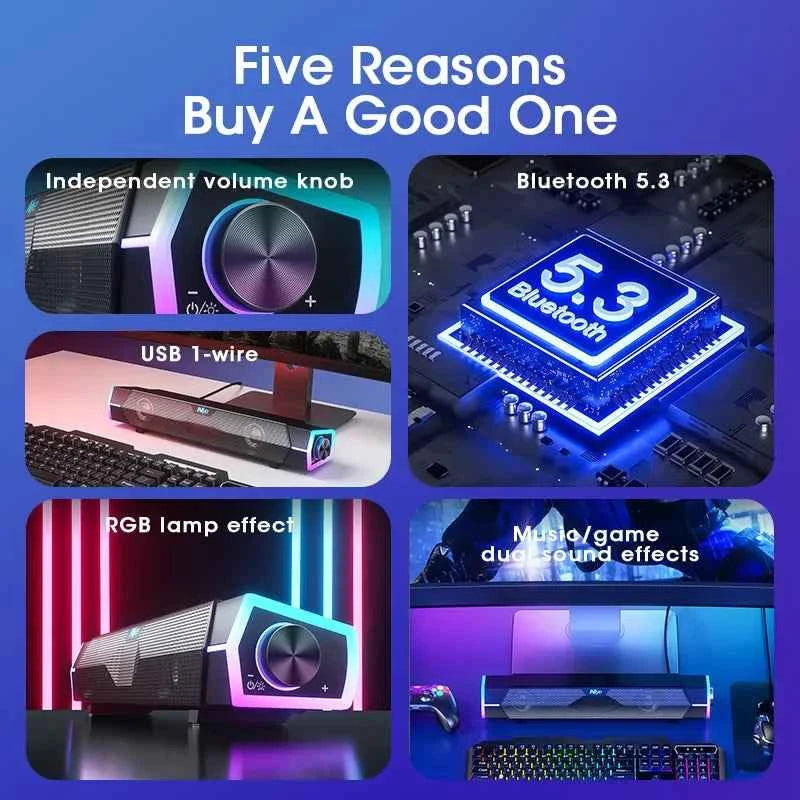 Niye V18 4D Computer Soundbar Speaker – USB Powered Bluetooth 5.3 Stereo with RGB Lights