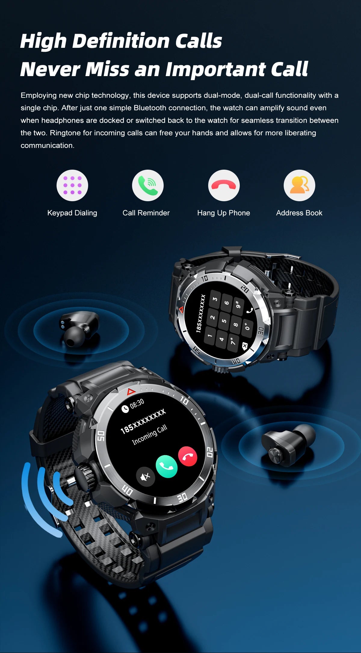 New 3 in 1 Smart Watch for Men With TWS Headset Rugged Military Bluetooth Call Fitness Tracker IP67 Waterproof for Android iOS