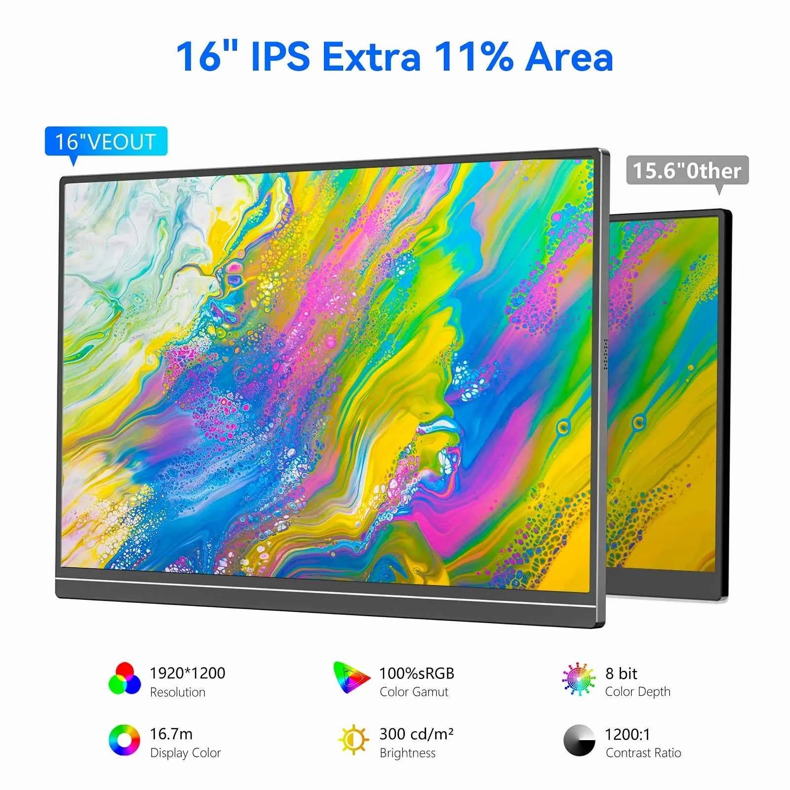 16“ VEOUT portable monitor 1920*1200P IPS, USB-C/HDMI, Free Sync 0.3