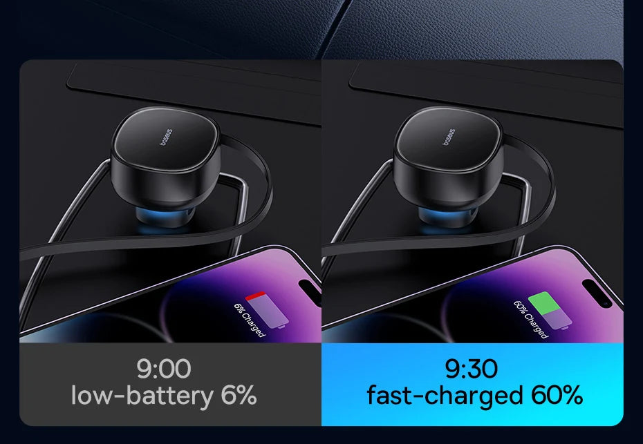Baseus 60W Car Charger 2 in 1 Retractable Cable SCP 25W QC PD 30W Fast Car Phone Charger For iPad iPhone 16 15 14 13 Pro Samsung