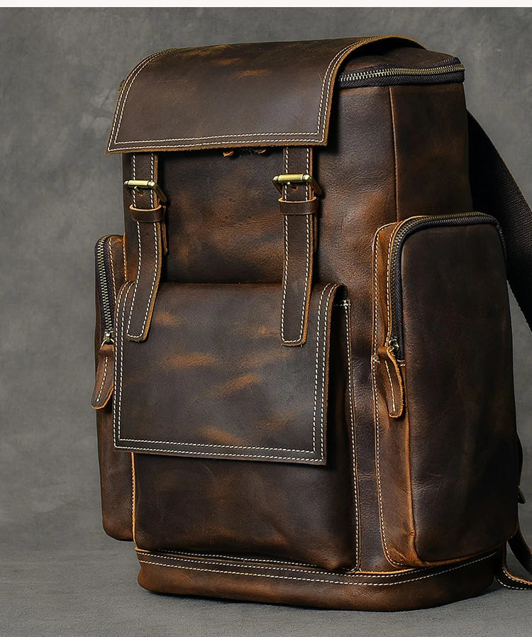 Vintage Crazy Horse Genuine Leather Backpack Men Leather Bagpack Climbing Rucksack male Large Hiking Backpack M814