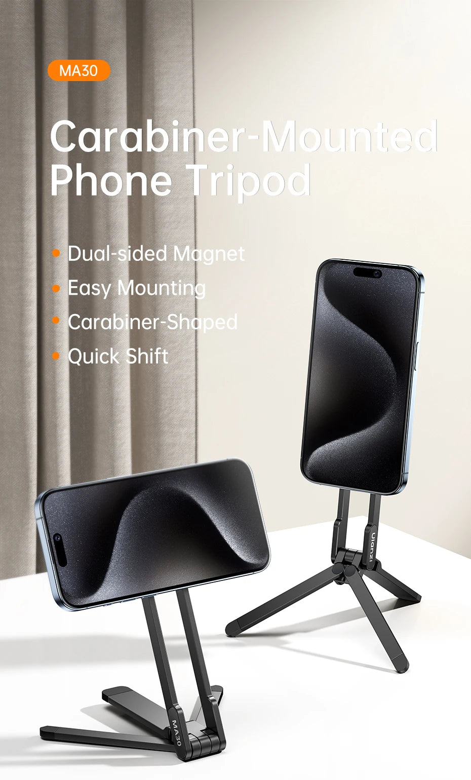 Ulanzi MA30 Carabiner-Mounted Phone Tripod for iPhone 15 14 13 12 Pro/Pro Max Dual-sided Magnet Tripod Desk Mount Phone Handle