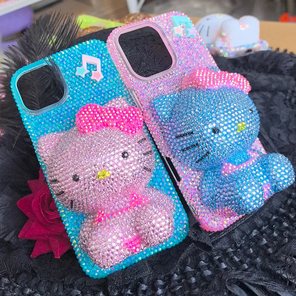 Christmas Hello Kitty Rhinestone Crystal Phone Case Chain For iPhone17 16 15 14 13 12 11Pro Max X Xs XR 7 8 Plus Transparent