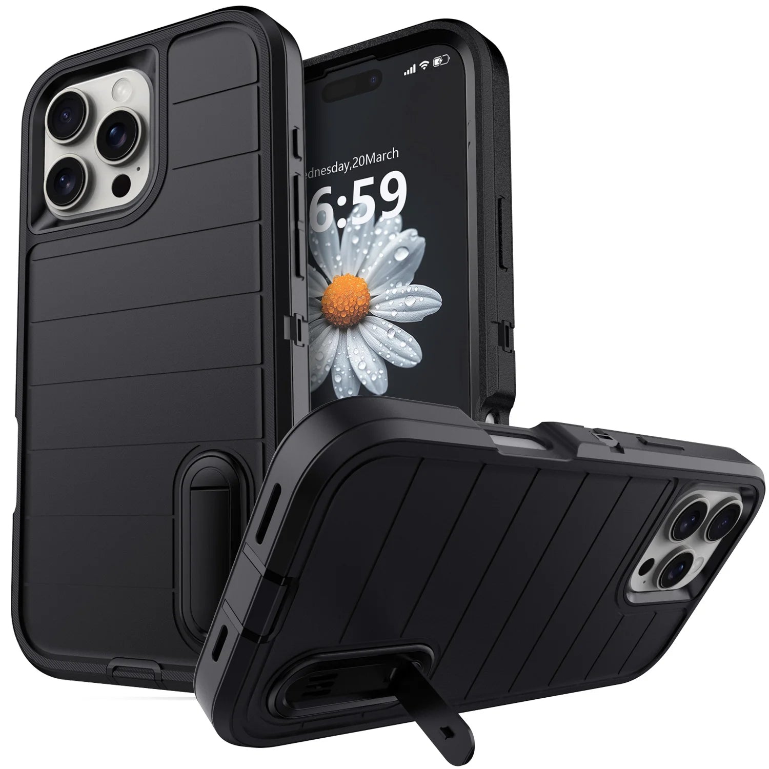 For iPhone 11 12 13 14 15 16 Plus Pro Max Case Heavy Duty Shockproof Hybrid Rugged Kickstand Cover Black