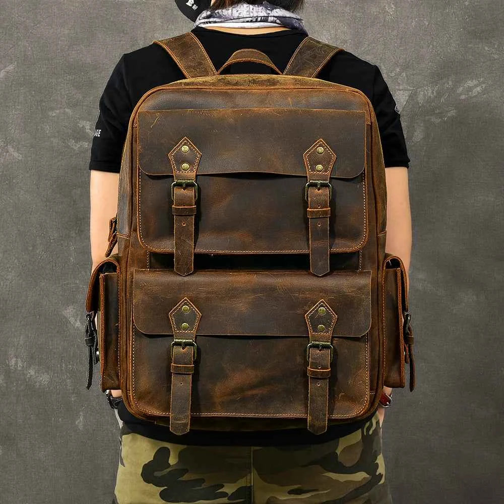 Vintage Crazy Horse Genuine Leather Backpack Men Bagpack Cowhide Hiking Backpack 17