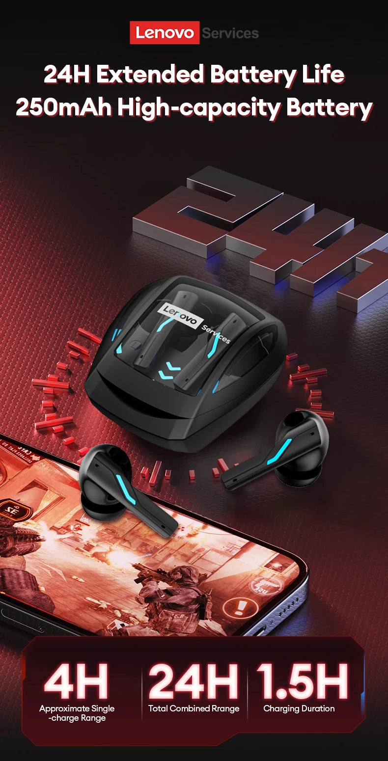 Lenovo Gaming Headset Bluetooth 6.0 Wireless Earphones Low Latency Noise Reduction Esports Headphone Waterproof 24H Battery Life