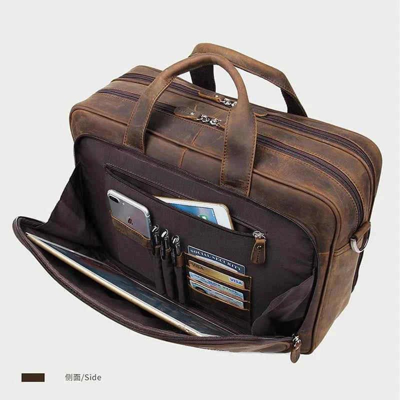High Quality Genuine Leather Men Briefcase Business bag Crazy Horse Leather Large 17
