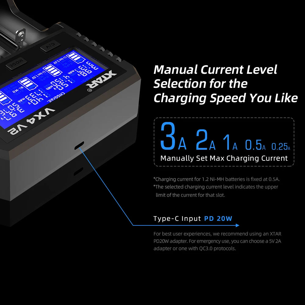 XTAR VX4 V2 18650 Battery Charger AA/AAA Li-ion LiFePO4 Ni-MH Rechargeable Battery 20W Fast Charger Battery Capacity Tester