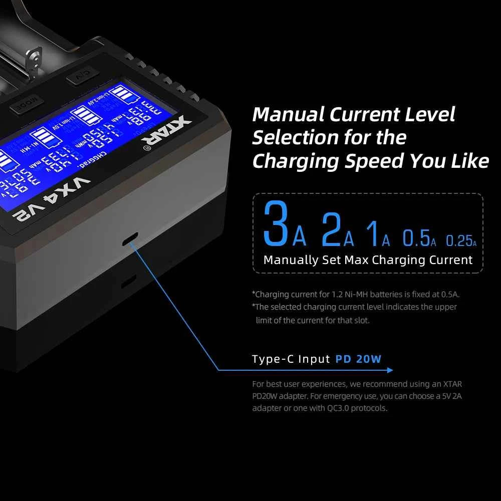 XTAR VX4 V2 18650 Battery Charger AA/AAA Li-ion LiFePO4 Ni-MH Rechargeable Battery 20W Fast Charger Battery Capacity Tester