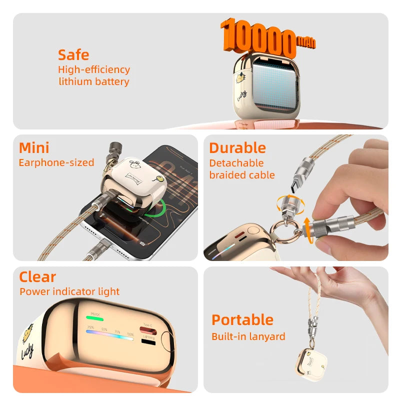 Vyvylabs CCC 10000mAh Mini Cute Power Bank 22.5W PD Fast Charging Switchable Lightning Type-C Cable for iPhone Samsung AirPods