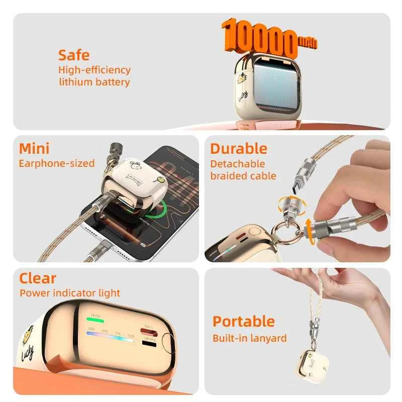 Vyvylabs CCC 10000mAh Mini Cute Power Bank 22.5W PD Fast Charging Switchable Lightning Type-C Cable for iPhone Samsung AirPods