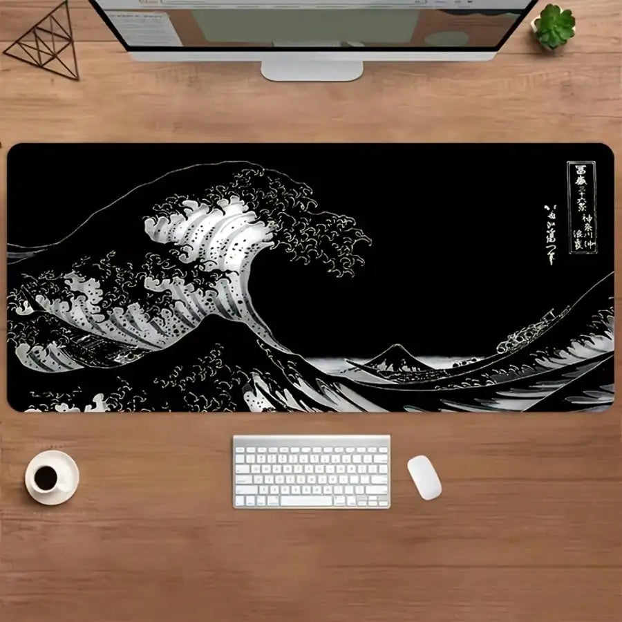 XXL Gaming Mouse Pad Featuring A Black-And-White Wave Art Design; Washable Surface; Stylish Rectangular Desk Mat Suitable For Desktops, Laptops, Office Work