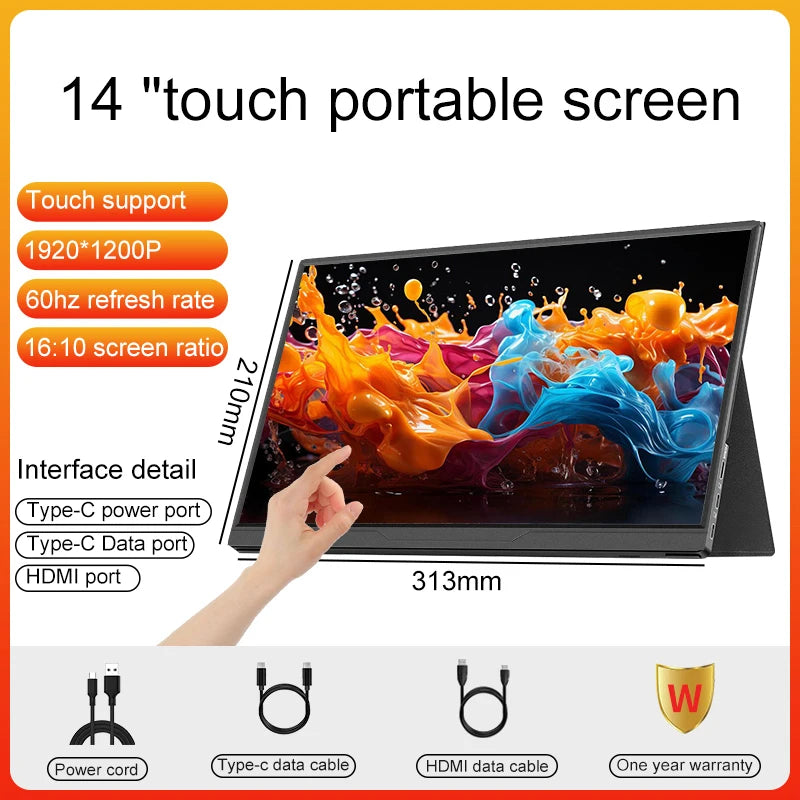 LANLIPU 14 Inch Portable Monitor 1920x1200 16:10 IPS LED Panel Touchscreen Secondary Display HDMI For Laptop PC Cell Phone